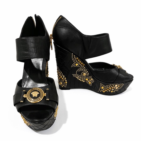 Authentic Versace Black and Gold Wedge Medusa Heels - Picture 2 of 9